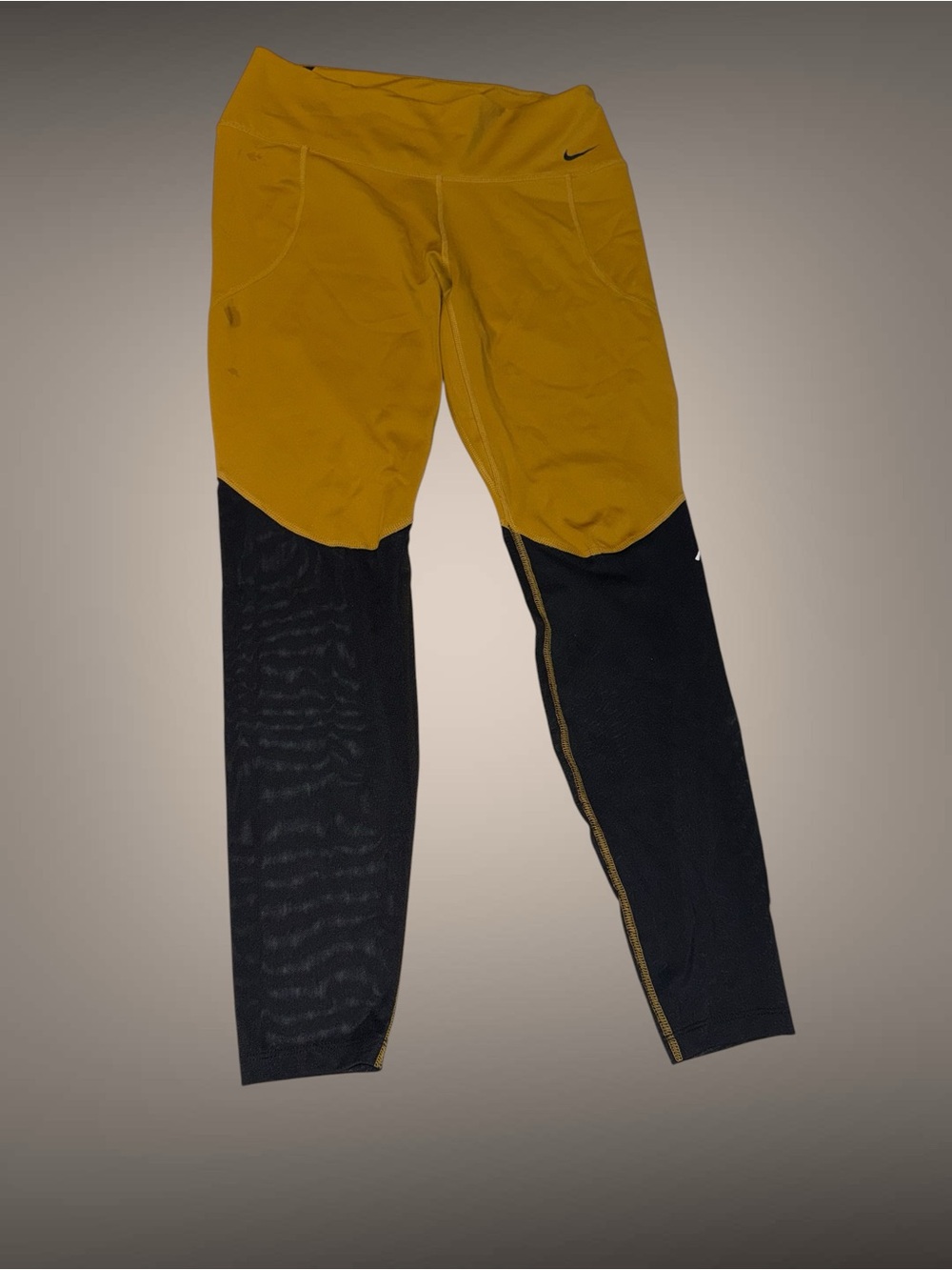 Rare Nike Black Mesh and Mustard Yellow Performance Leggings small oil spots